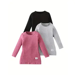 3-piece girl autumn round neck fashion elegant dress 3-12 years old children rib solid color sweater dress solid color round neck autumn and winter suit