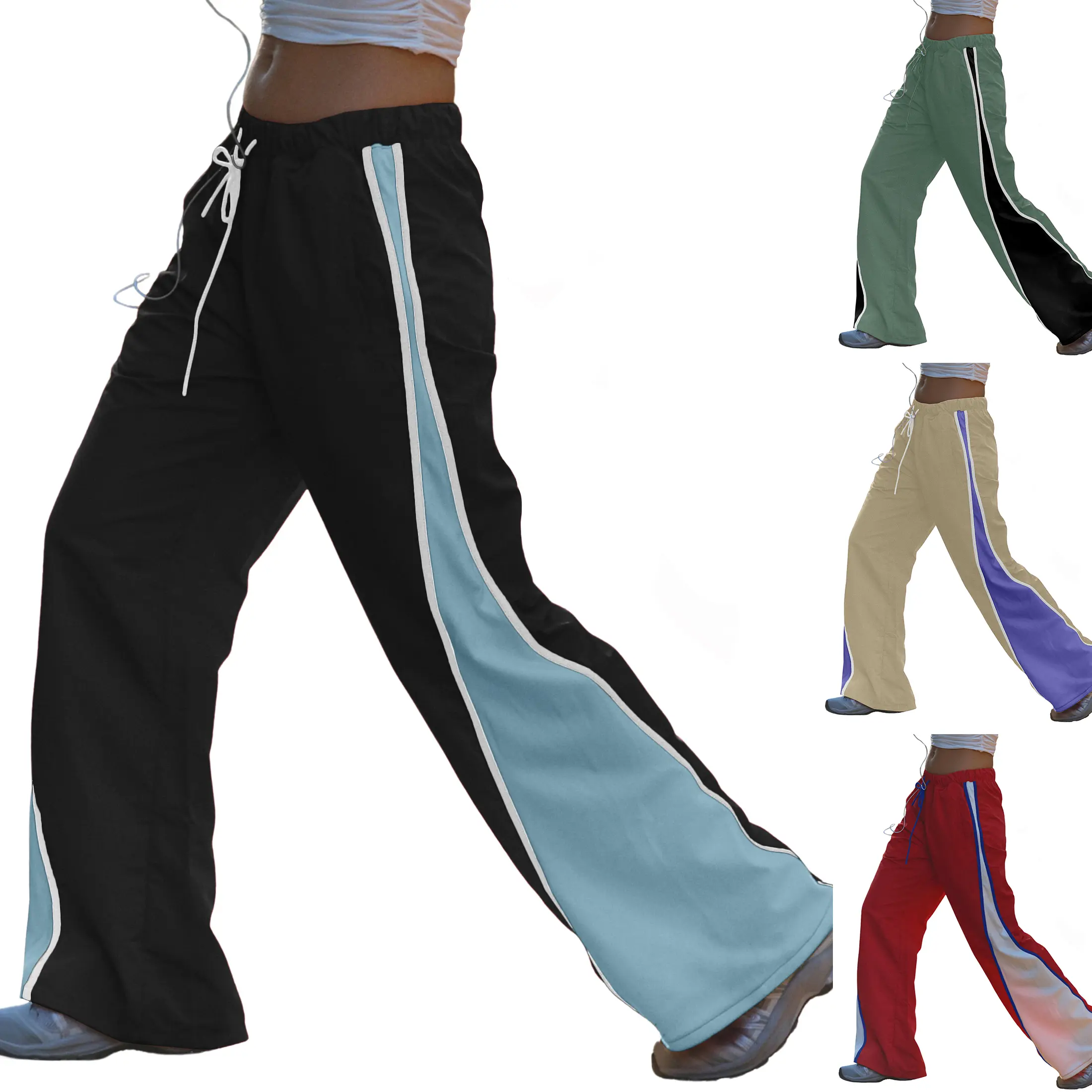 JovenPara Women's Baggy Wide Leg Track Pants Casual Drawstring Elastic Waisted Color Block Workout Y2K Active Pants