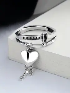 S925 Silver Heart Letter Initial Fringe Chain Alphabet Design Ring - Vintage Trendy Layered Stackable Heart Initial Rings for Women, Fashion Ring, Dainty Minimalist Korean Style Jewelry, Valentine's Gift, Birthday Gift for Her