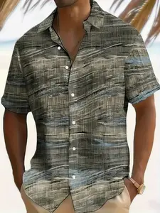 Men's Vintage Geometric Pattern Short Sleeve Shirt, Casual Comfort Fit, Collared, Abstract Art, 3D Digital Print, Outdoor Wear