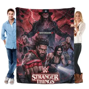 WWE x Stranger Things Crossover Flannel Blanket, Made in USA, Ultra Soft Cozy Throw with Undertaker Roman Reigns Cody Rhea Ripley Print, Machine Washable, 4 Sizes, Perfect for Wrestling Fans, TV Lovers, Couch Bed Travel