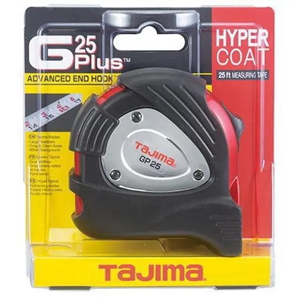 Tajima GP-25BW Premium 25ft Measuring Tape with Hyper-Acry-Coat Coating Ultra-Hard End Hooks & Armored Case for Superior Readability