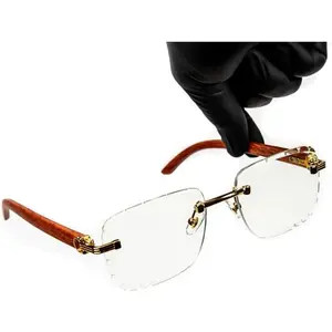 Luxury Red  Arm Rimless Clear Tint  Frame Square Luxury Woodgrain Frameless Non Prescription Rectangle Eye Glasses  Geometric Clear Lens  Hop Glasses For Men Women