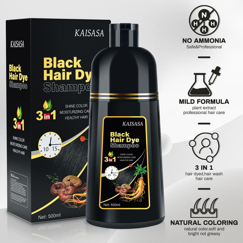 KAISASA Black Hair Dye Shampoo 3 in 1 - Can cover gray hairs, Herbal Ingredients, Contains Ginseng Extract, Natural Haircoloring, Plant Haircare