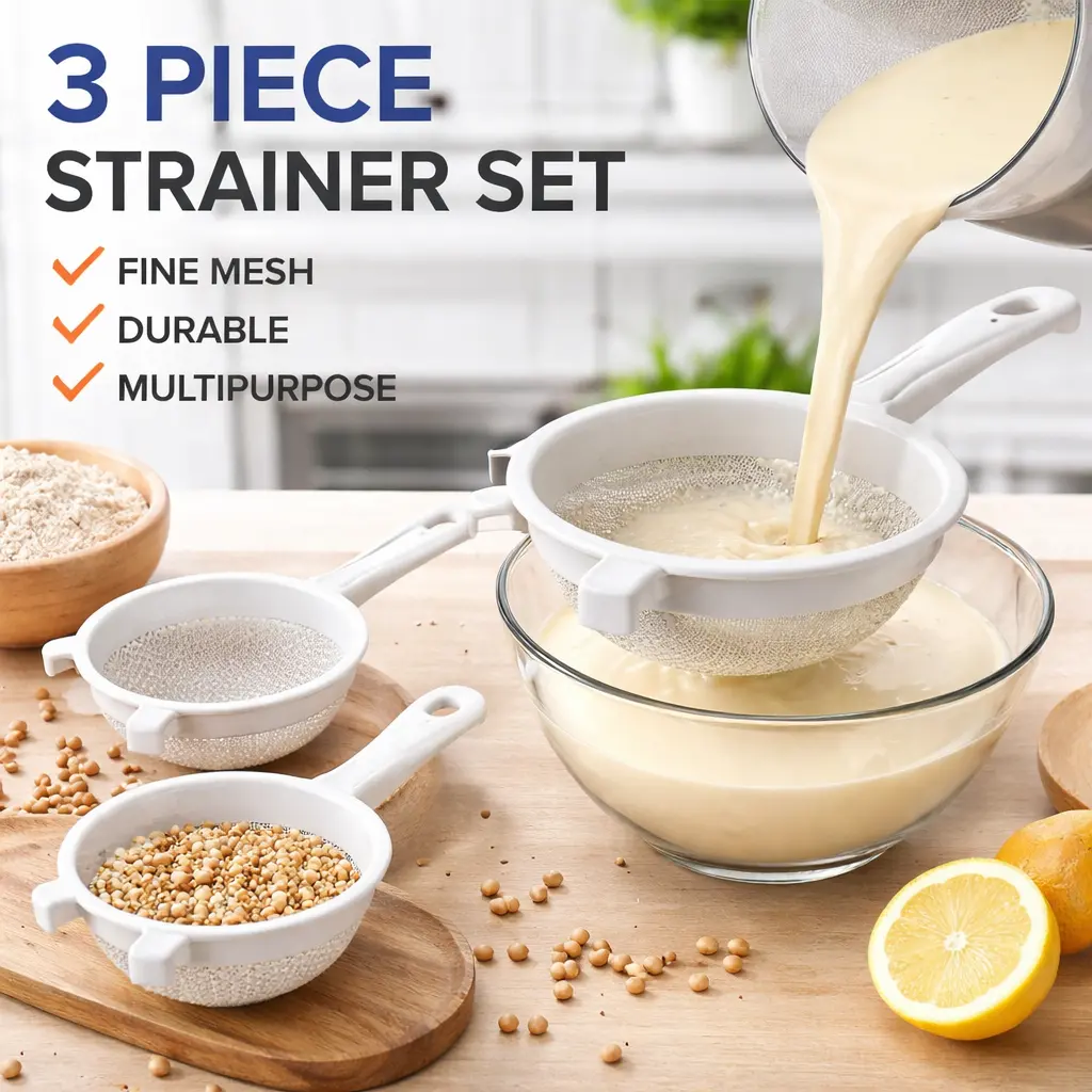 3pcs Sturdy Lightweight Kitchen Nylon Mesh Strainers - Fine Mesh Sieve Utensils with Handle, Double Ear Flour Sifter for Baking, Pasta Filter Colander for Tea, Kitchen, Cafe