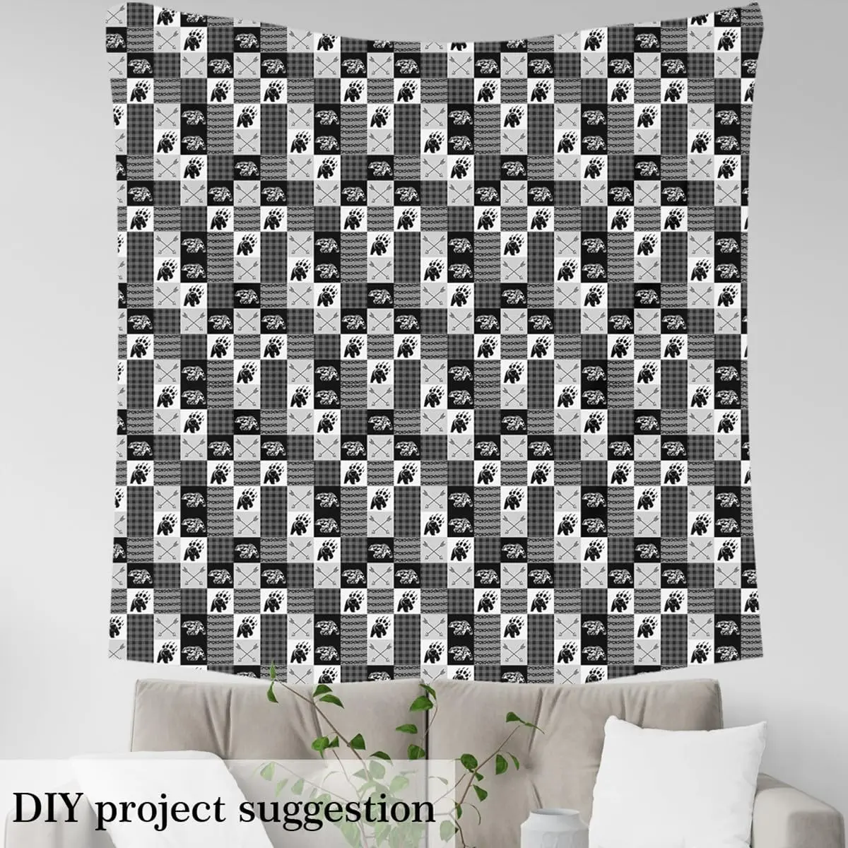 Bear Fabric By The Yard,1 Yard,Bear Hunting Antlers Textile Waterproof Fabric,Black Buffalo Check Upholstery Fabric,Rustic Cabin Country Fabric, Durable Fabric, 36X58"