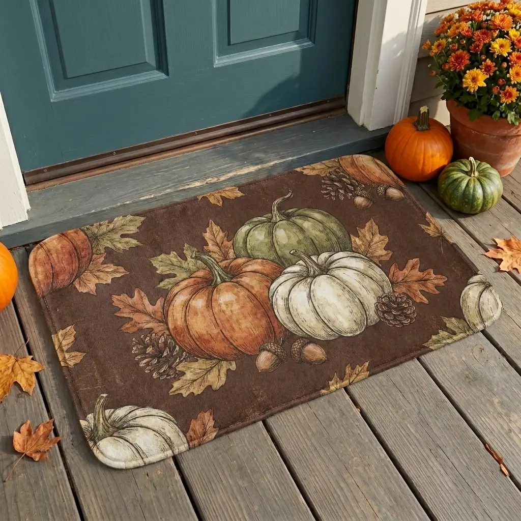 Autumn Harvest Decorative Rug, Vintage Botanical Pumpkin Flannel Non Slip Kitchen Mat, Rustic Thanksgiving Indoor Entryway Doormat, Washable Fall Room Decor for Home, Thin Seasonal Accent Floor Carpet