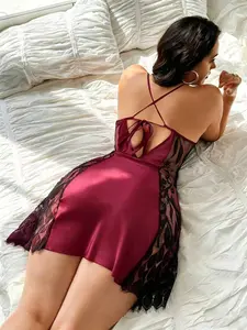 Plus Size Fashion Lace Patchwork Design, Solid Color Short Sexy Halter Dress, Breathable Home Neckline Sleepwear for Women
