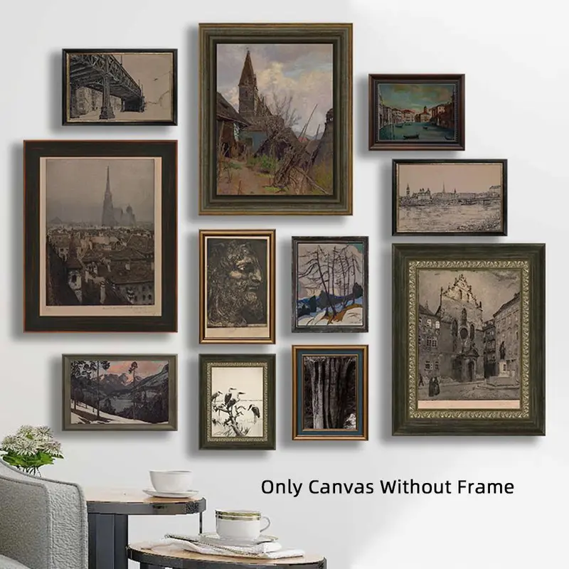 Vintage Architecture Pattern Canvas Painting without Frame, 11pcs/set Simple Retro Wall Art Poster, Wall Art Decor for Home Living Room Bedroom Office, Home Decor Collection