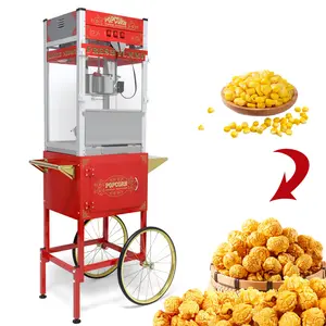 Popcorn Machine with Cart,This popcorn machine on wheels combines an antique-style design with modern features. The cart includes 16" bicycle-style wheels and a cabinet with storage space for popcorn