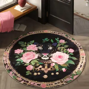 Round Floral & Leopard Print Floor Mat, Flower Pattern Rugs, Vintage Luxury Style Non-slip Floor Carpet, Decorative Area Rug for Home Living Room Bedroom