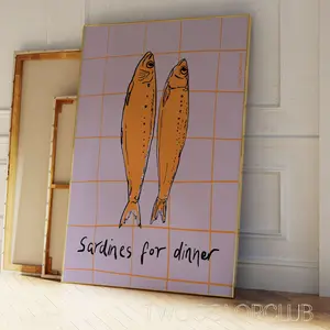 Room Decor, Vintage Food Poster, Sardines Print Unframed, Retro Kitchen Sardines Printing, Colorful Fish Wall Art Printable, Trendy Orange Purple Art