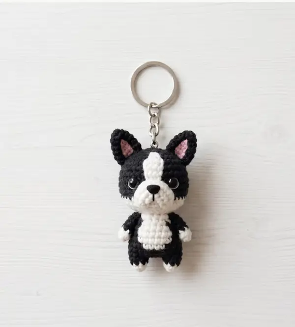 Crochet Dog Keychain, Boston Terrier Amigurumi Keychain, Cute Puppy Keychain Gift, Handmade Crochet Animal Keychain, Pet Lover Gift