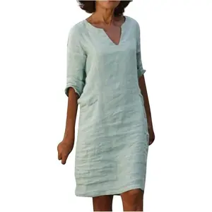 Cotton Linen Dresses for Women,2025 Summer Trendy Elegant Plain Beach Dress,Casual 3/4 Sleeve Midi Dress