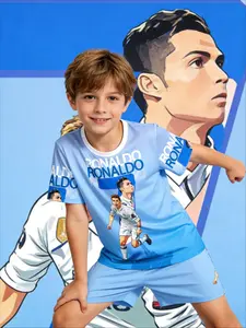 Kids 2 Piece Outfits Boys Summer Short Sleeve T Shirt + Shorts Set Cristiano Ronaldo Real Madrid 7 Light Blue Gradient Cartoon Running Print Football Fan Kids Clothing Casual Sport Wear for School Daily Football Match & Fan Gathering
