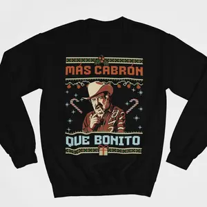 Más Cabrón Que Bonito Christmas Crewneck, Paulino Sweatshirt Mens – Christmas Crewneck Graphic Paulino Sweatshirt, Retro Gangster Mexican Streetwear, Mexican Merry Christmas Top, Full Color Casual Streetwear for Men & Women