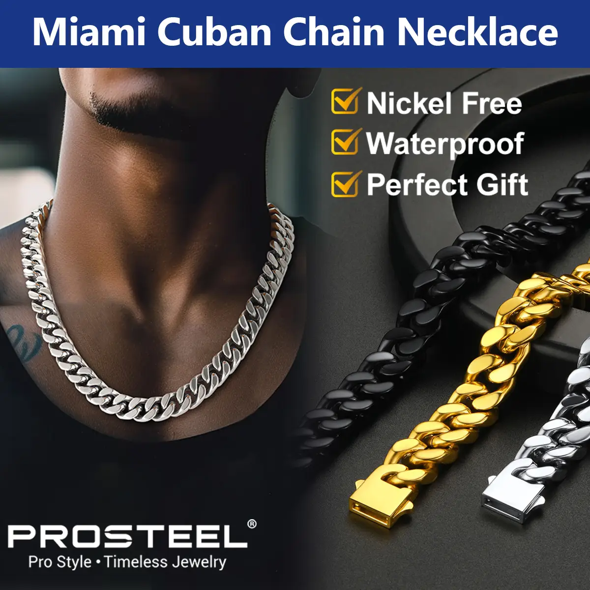 PROSTEEL Miami Cuban Chain Necklace Stainless Steel 5mm/7mm/9mm/12mm/14mm Width 18"-30" Necklace Hypoallergenic Jewelry Unisex For Men Women Gift Box