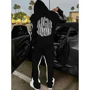 TikTok Trending! Black Hoodie and Sweatpants Set with "RICH SOON" Prints and Flame Graphics, Ideal for Streetwear and Hip - hop Looks