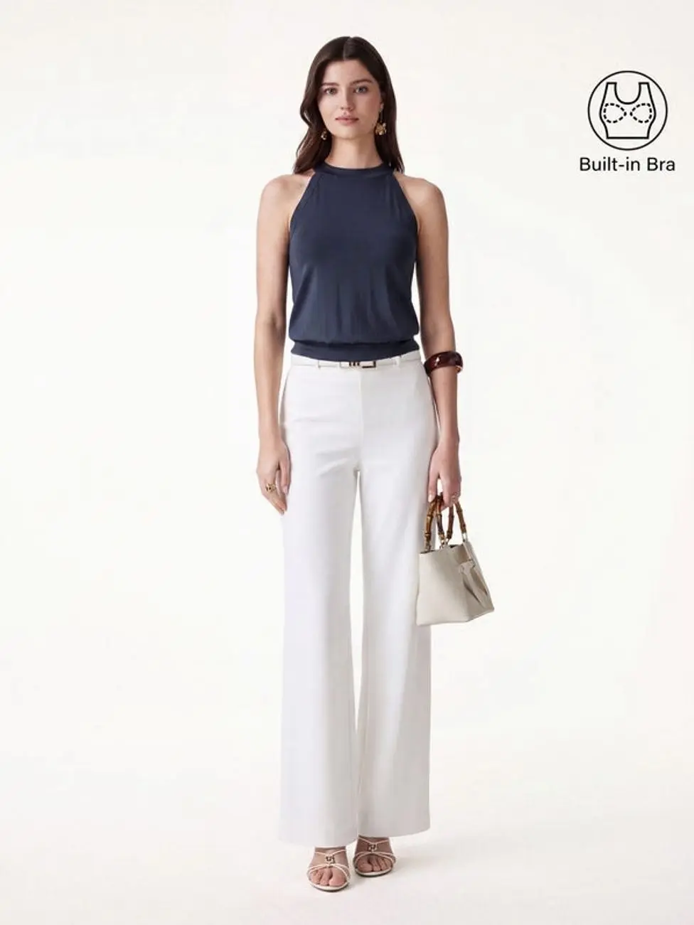 2Pcs Set Halter Neck Bra Top & Wide Leg Pants with Pockets