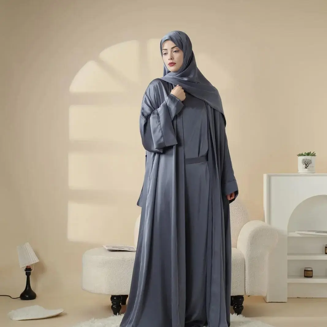 Women's Satin 4-Piece Modest Muslim Abaya Fashion Set - Top, Pants, Open Abaya, Matching Hijab, Comfortable Womenswear for Muslim Matching Outfits Set, Elegant Islamic Clothing, Shimmery Lustrous Abaya