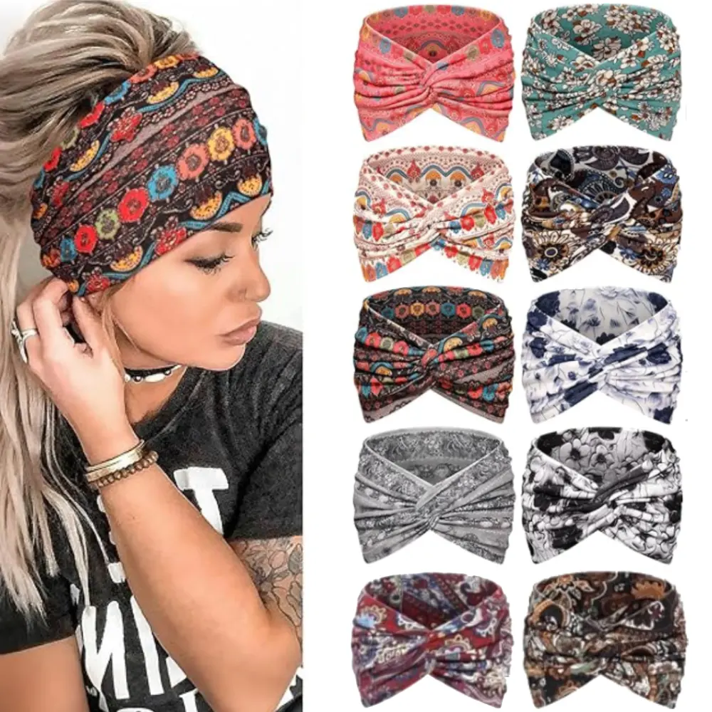 Women's 10-Pack Multi-Color Wide Wrap Thick Headbands - Chunky Boho Turban Style Hair Wraps, Non-Slip Moisture-Wicking for Sports Yoga, Daily Wear, Chunky Headband Hairstyle