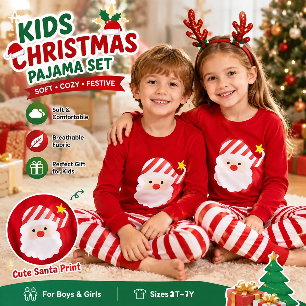 Kids Christmas Pajamas, Boys Girls Santa PJs Set, Long Sleeve Holiday Sleepwear for Toddlers, Christmas Morning, Holiday Party & Family Matching Photos, 3-7Y tiktokshopbacktoschool