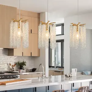 Gold Branch Crystal Pendant Light, Adjustable Height Modern Luxury Hanging Lamp for Kitchen Island Dining Room