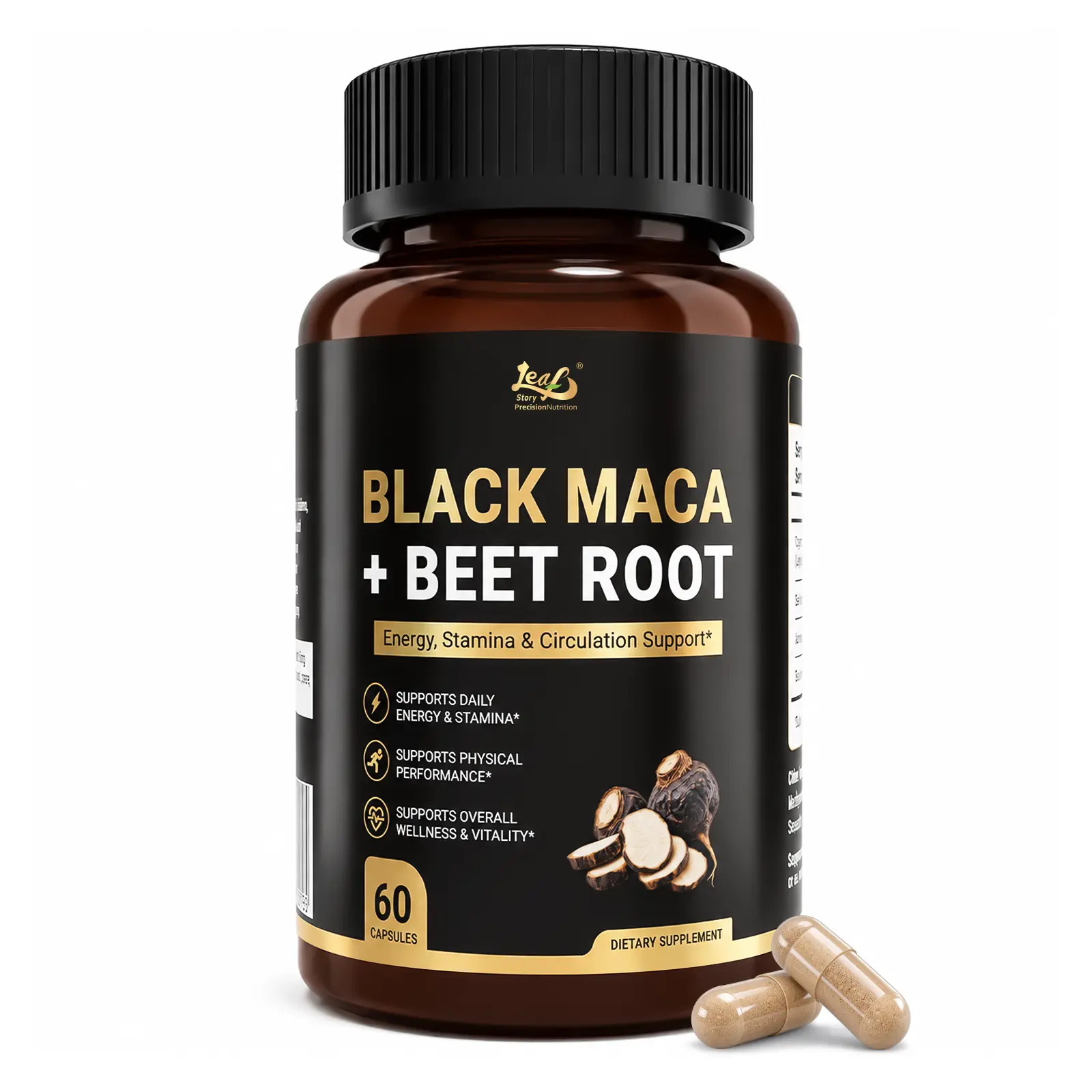 LeafStory Black Maca Supplement for Men with Organic Black Maca Root 40:1 Extract, Beet Root Extract, Ashwagandha & Black Pepper, Energy, Stamina, Circulation & Vitality Support Formula, 60 Capsules-F