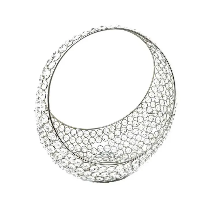 Ring 13-in Silver Iron-Faux Crystal Bling Round Hand Ring Basket, Decorative Modern Home Organizer Storage Bowl for Candy, Gift Option