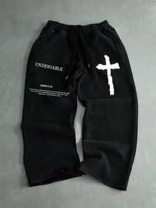 Trendy Casual Drawstring Cross Print Sweatpants for Everyday Comfort, Fitted Style with Graphic Print, Versatile Athleisure Pants for All Occasions