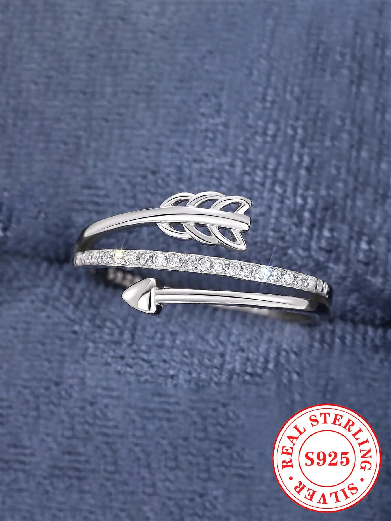 S925 Sterling Silver Simple Arrow Design Cuff Ring, Fashion Rhinestone Decor Accessories for Women & Girls, Trendy All-match & Exquisite Jewelry for B