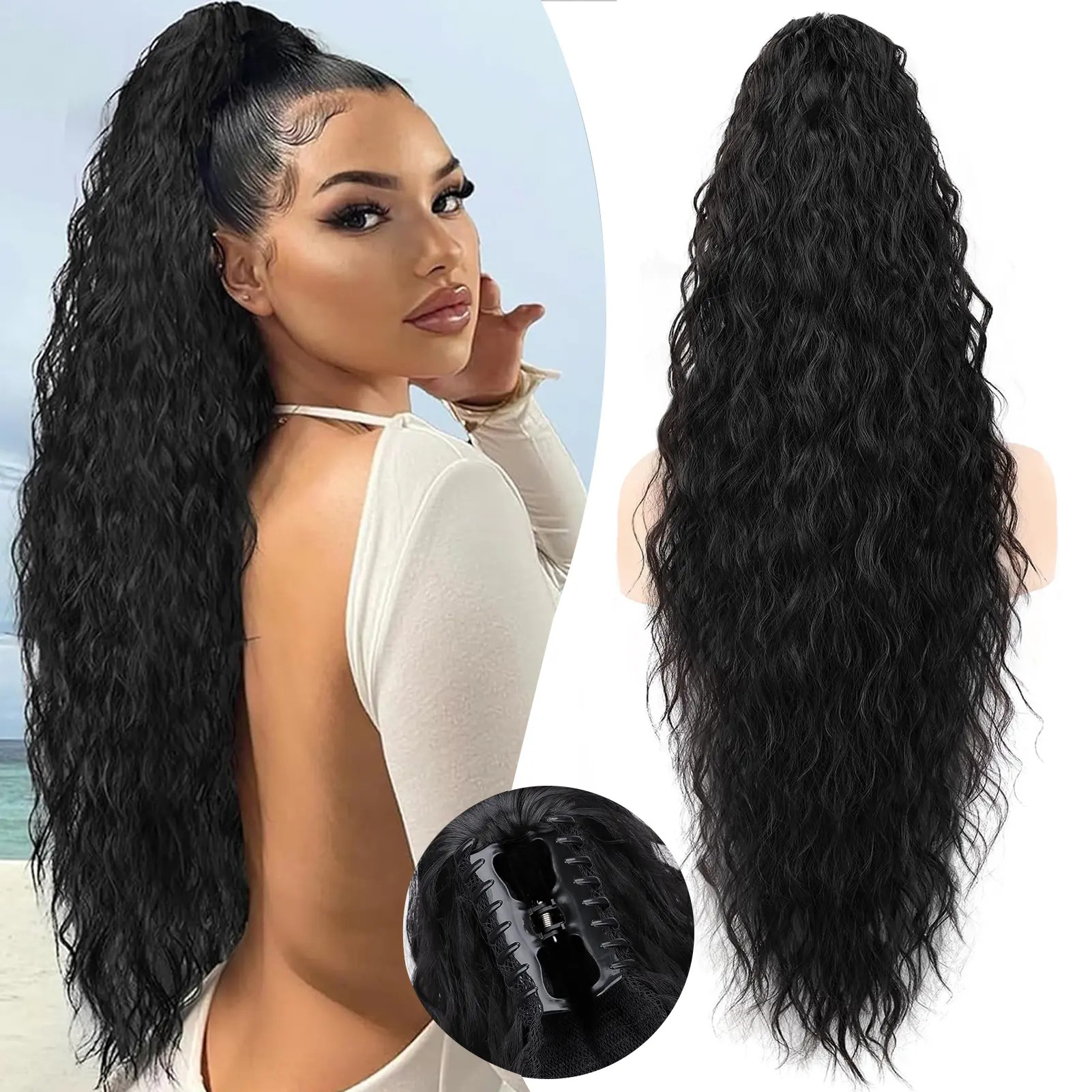 Ponytail Extension Curly Synthetic Hair 22 Inch Clip-In Wavy Natural Look Synthetic Brown Pink Ponytail Hair Extension 22Inch Long  main image 3