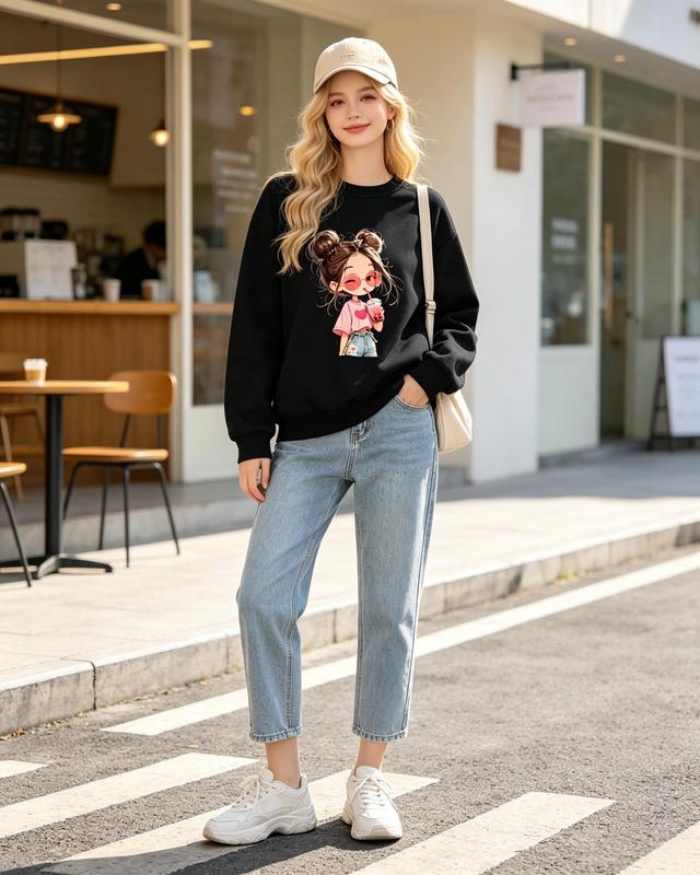 Women's Fitted Long-Sleeve Anime Graphic Crewneck Sweatshirt - Everyday Girl Style, Medium Length, Machine Washable Casual Fall Pullover Top for Jeans Pairing