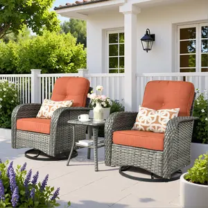 HOOOWOOO 3 Piece All-Weather Patio Furniture Set with Wicker Design, Rattan Rocking Chair, Glass Top Side Table Thickened Cushions Outdoor Deck Relax