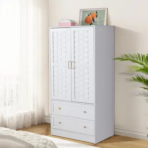 GiratreeFurniture Armoire Wardrobe Closet, White Wardrobe Cabinet with 2 Woven Doors and 2 Storage Drawers, Freestanding Hanging Rail Closet for Bedroom