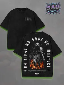 Gothic Dark Fantasy Graphic Tee No Gods No Masters Illustration — Heavyweight Acid Wash Boxy Fit Premium Cotton T-Shirt, Mystic Occult Cultist Top, Unisex Rebel Punk Streetwear, Gift for Gothic Fans