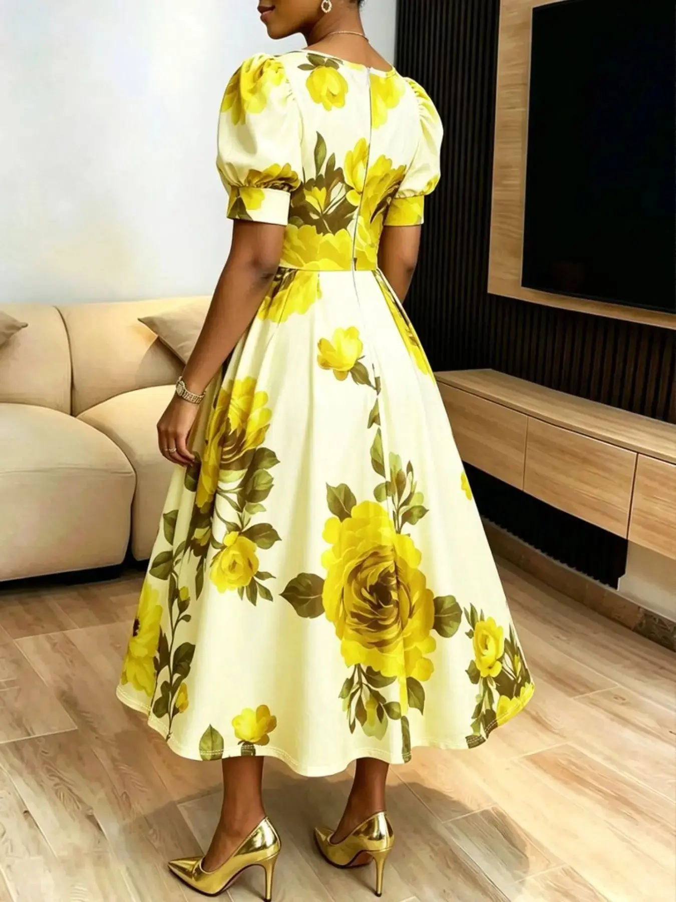 Classic Sweetheart Neckline Wedding Guest Dress, Romantic Puff Sleeve, Fitted Waist, Flowy A-Line Skirt, Smooth Fabric, Print, Perfect for Brunch, Weddings, Church, Dates