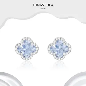 LunaStdla S925 Blue Clover Stud Earrings - Four Leaf Flower Micro Paved Zirconia Design Stud Earrings for Women Gils Snow Lucky Chic Elegant Luxury Style for Daily Wearing Party Anniversary Chrismas Gift for Girlfriend