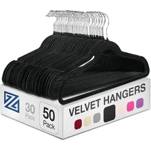 Hangers 50 Pack - Heavy Duty Black Hangers for Coats, Pants & Dress Clothes - Non Slip Clothes Hanger Set - Space Saving Felt Hangers for Clothing