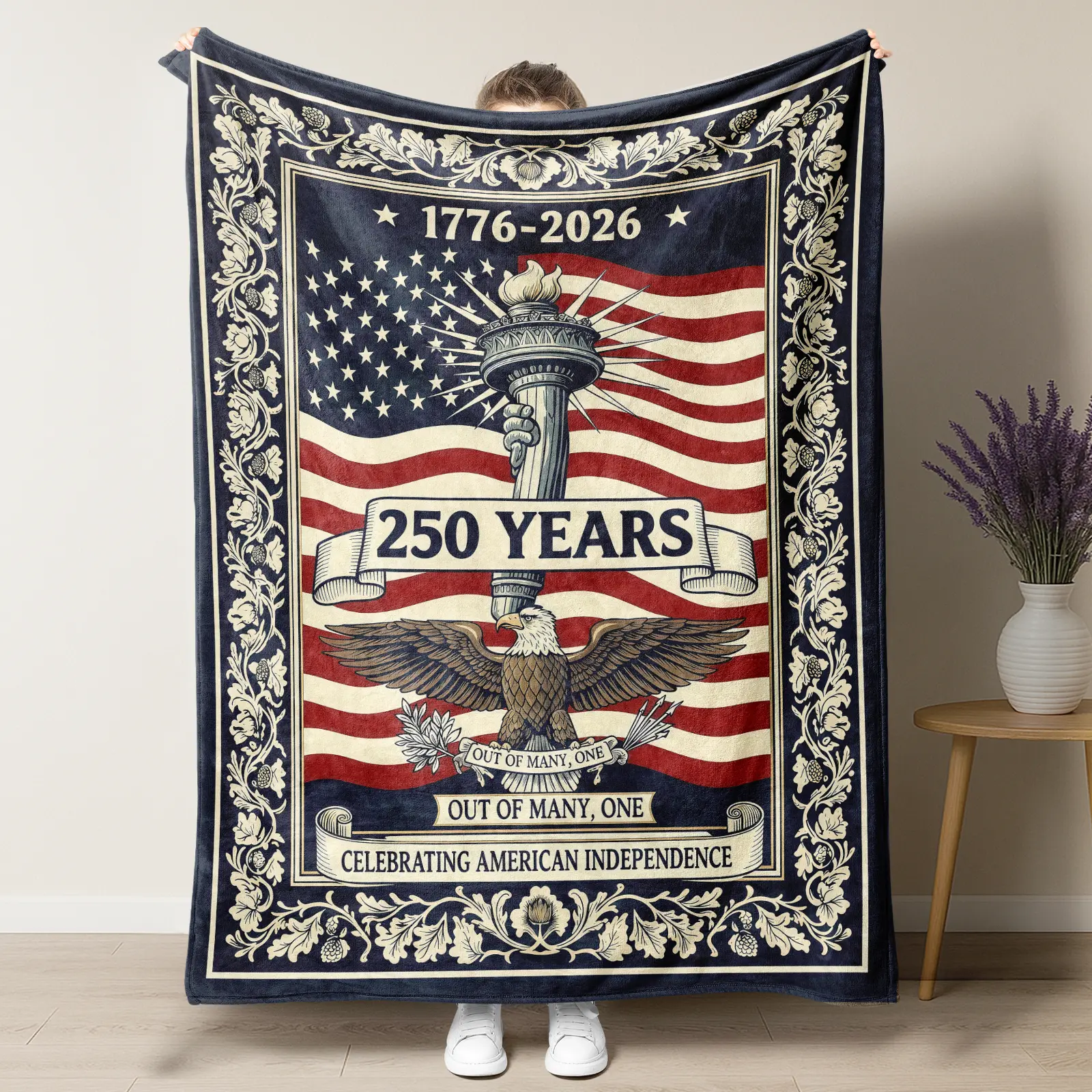 American 250th Anniversary 1776-2026 Independence Day Flannel Blanket,American Flag Bald Eagle Statue Liberty Torch Out Of Many One Floral Border Print Soft Plush Blanket, Patriotic 250 Years America Decor Blanket For 4th Of July & USA Lovers