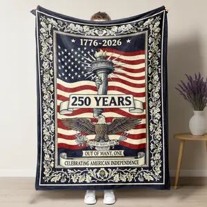 American 250th Anniversary 1776-2026 Independence Day Flannel Blanket,American Flag Bald Eagle Statue Liberty Torch Out Of Many One Floral Border Print Soft Plush Blanket, Patriotic 250 Years America Decor Blanket For 4th Of July & USA Lovers