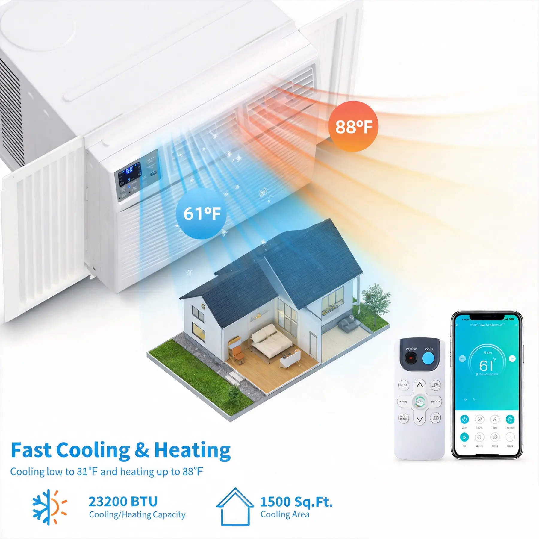 23200 BTU Window Air Conditioner with Heater, 4-in-1 208/230V WiFi Smart Window AC Unit with Cooling & Heating for Rooms Up to 1500 Sq Ft, Remote/App Control, Works with Alexa & Google Assistant