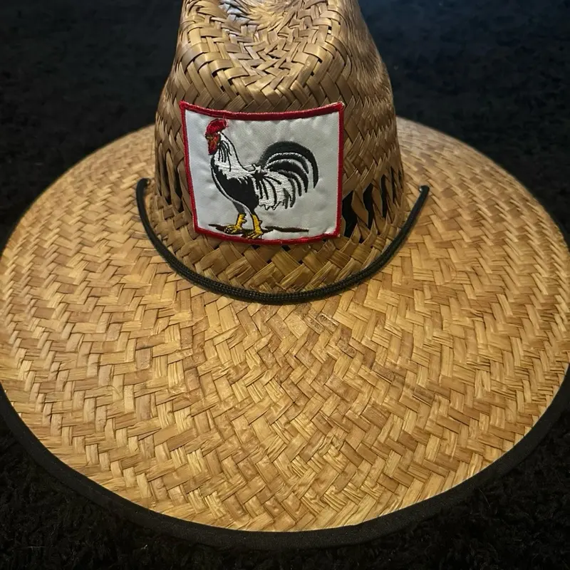 Straw Hats with Rooster Emblem - Simple Product Title Based on Given Information