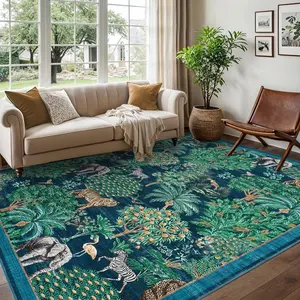 【Christmas Gift】9x12 Runner Rug for Hallway, Washable Floral Throw Rug, Modern Jungle Animal Non Slip Indoor Mat, for Entryway, Laundry, Kitchen, Blue