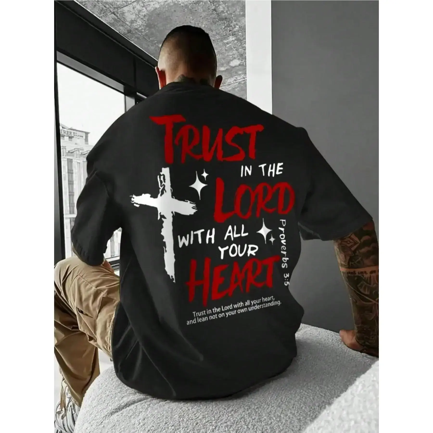 The Bible Passage And The Cross, Proverbs 3:5 "TRUST IN THE LORD WITH ALL YOU HEART" T-Shirt , Black Short Sleeved, Single-Sided Print, Ideal Christmas/New Year/Wedding Gift For Family And Friends Graphic tshirt funny T Shirt Novelty Tees