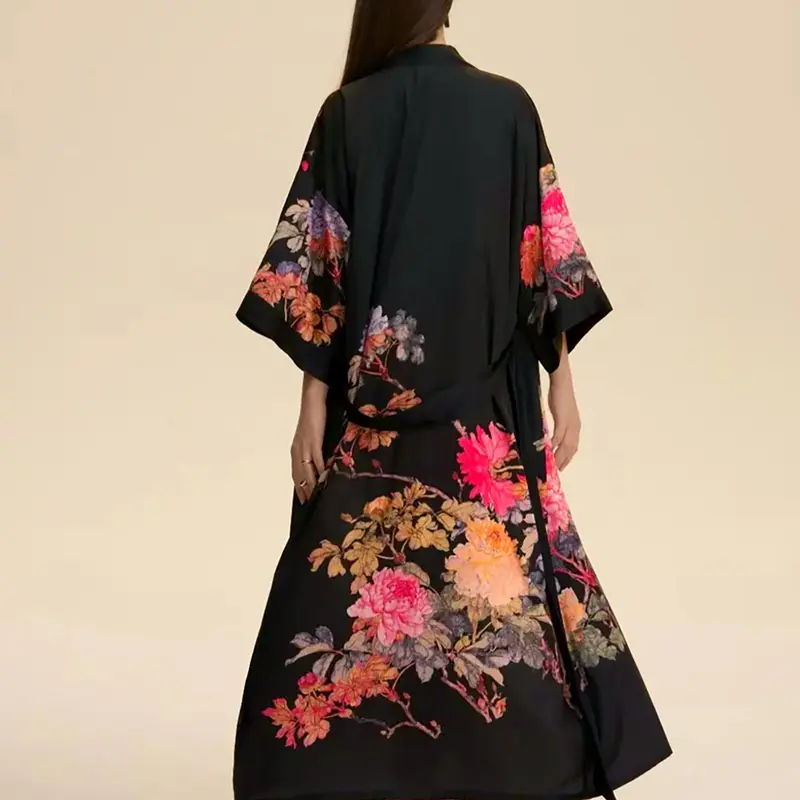 Elegant Japanese Rose Floral Print Traditional Kimono Cardigan, Rose Floral Pattern, Long Sleeve Loose Fit Oversize Women's Outerwear, Womenswear, Party Street Style Beach Vacation Dressing Gown, Versatile Wear, Elegance
