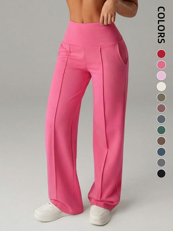 Women's Plain Loose Straight Leg Pants, Wide Leg High Waist Sporty Casual Sweatpants with Pockets, Sports Bottoms, Comfortable Daily Wear [Fits Small - Size Up Recommended]