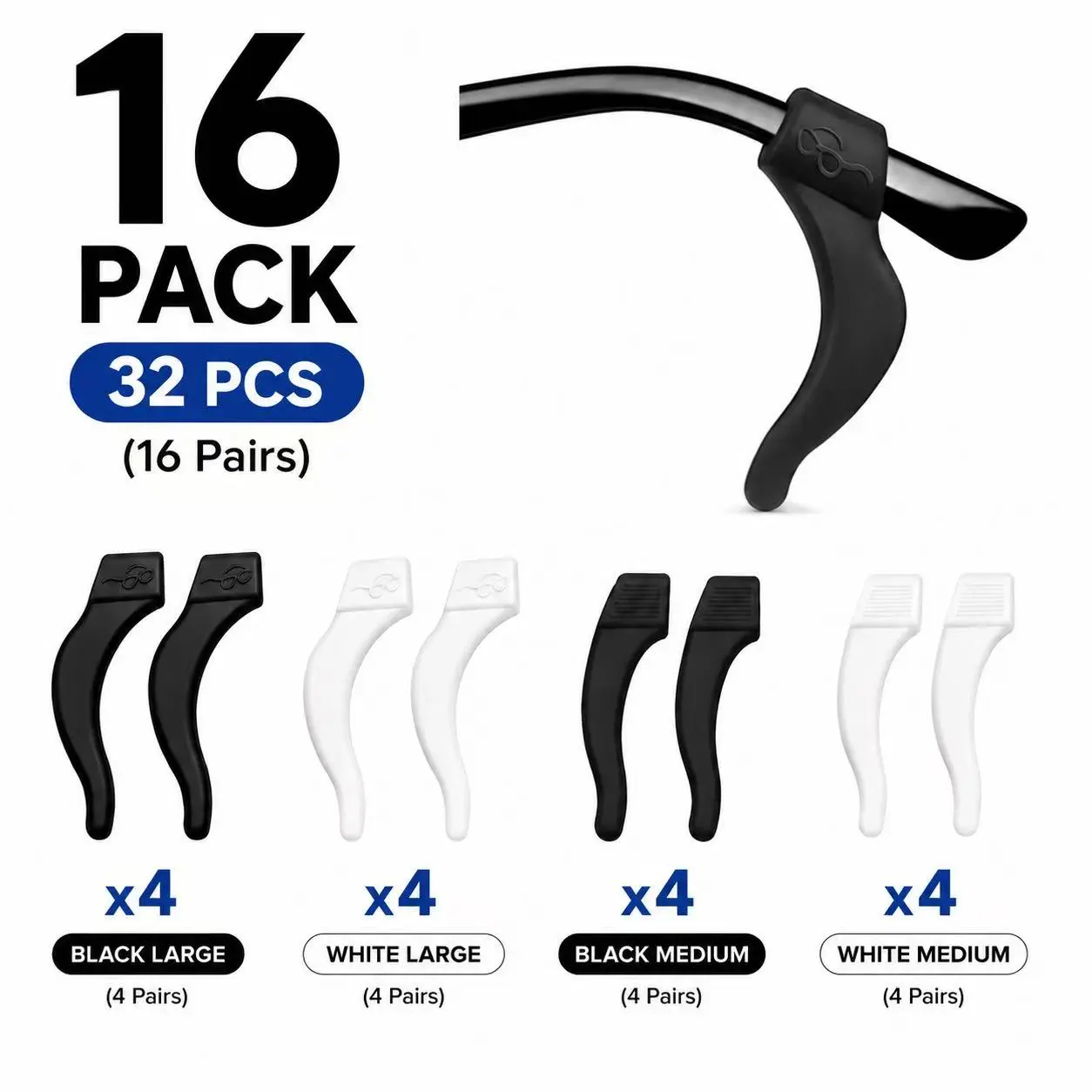16 Pairs No-Slip Glasses Ear Grips, Soft Silicone Eyeglasses Cushion Hooks, Comfortable Flexible Lightweight Ultra-Soft Replacement Retainers (Party Bag Gift Accessory for Home & Festive Use)