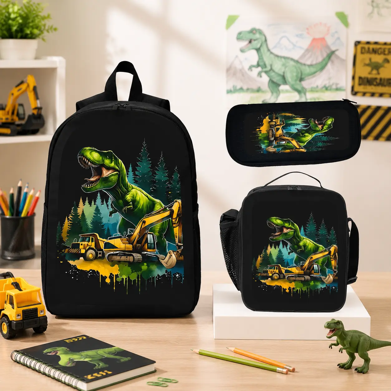 Trendy Colorful Dinosaur Pattern 3-Piece Backpack Set for Kids and Teens, 17-inch Lightweight Large Capacity School Bag with Lunch Bag & Pencil Case for Back to School, Back To School Haul, Colorful Dinosaur Pattern Backpacks