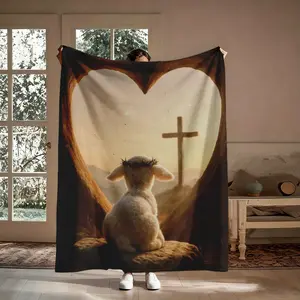 Lamb Of God Flannel Throw Blanket, Jesus Lamb Crown Of Thorns Cross Heart Cave Sunset Pattern Soft Warm Cozy Nap Blanket for Couch Bed Sofa, Christian Religious Easter Gift for Him Her Believer, Birthday Christmas Holiday Gift
